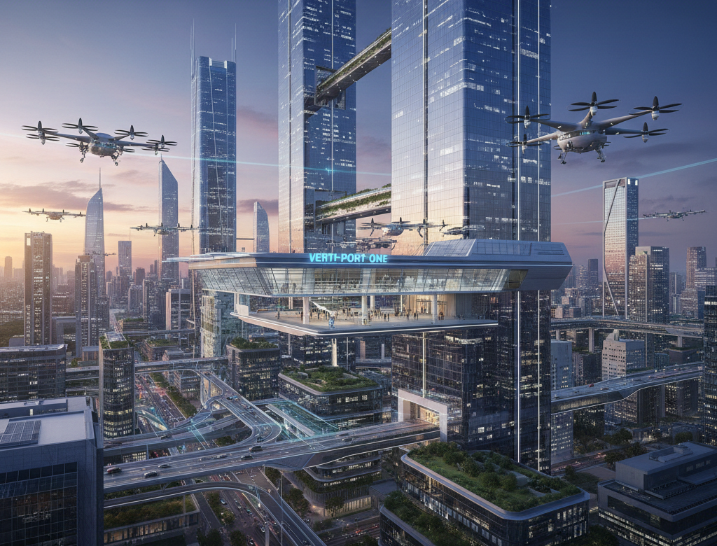 Vertiport facility with electric air mobility aircraft, ground transport interchange, and charging infrastructure